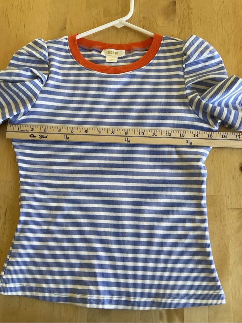 Anthropologie Striped Puff Sleeve Tee in Blue, White & Orange Trim - Picture 6 of 7